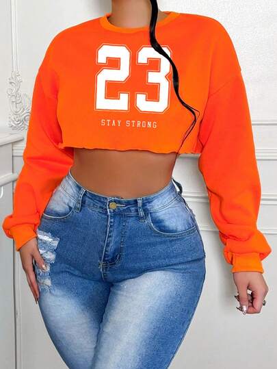 BamGleam 秋季休闲短款卫衣，饰有数字印花