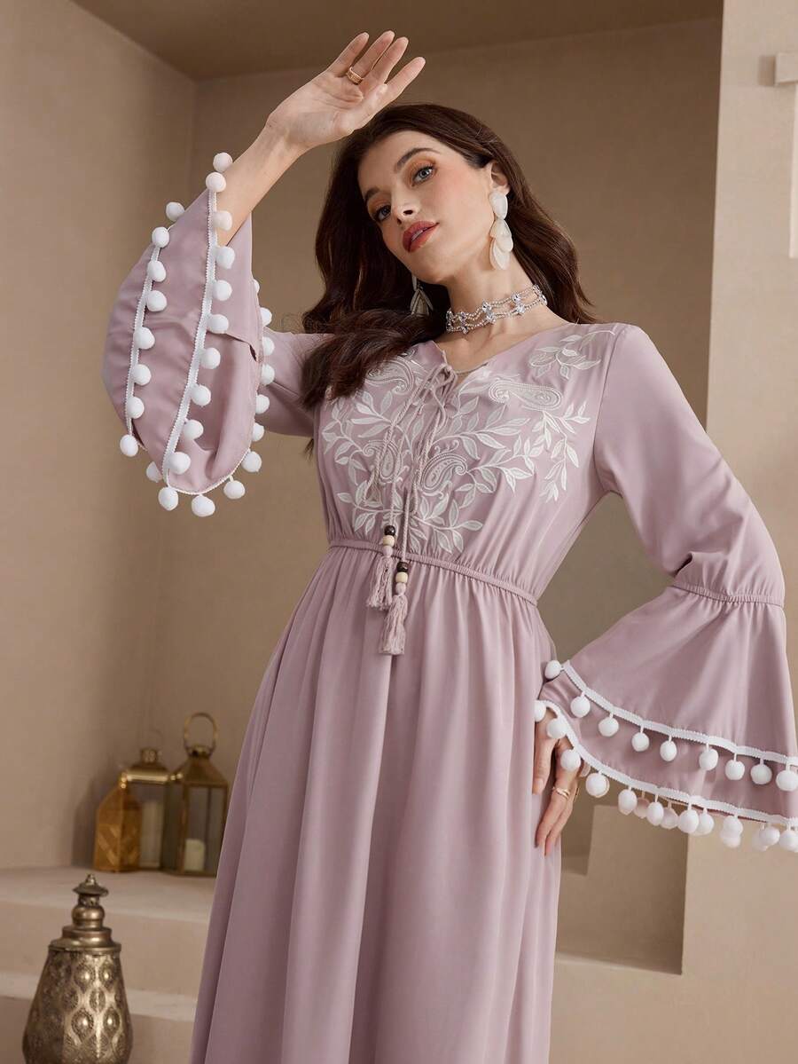 Al Najma New Bohemian Style Embroidered V-Neck Tassel Waist Flared Dress, Slimming - Pink - View 1