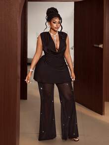 Maweii Bộ jumpsuit không tay cỡ lớn, thanh lịch và lãng mạn, đa năng, phù hợp cho cả công sở và thường ngày. - màu đen - Xem 1