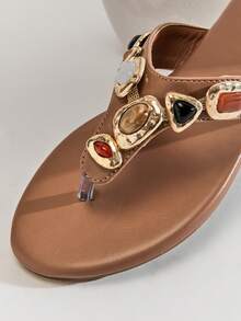SHUZIA Glamorous Ladie's Tan Multi Color Gems, Thong Sandal Comfort Holiday Walking Chic Spring Summer Beach Fun Valentine's Day - Maroon - View 7