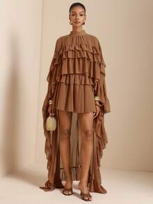 Vesra Women's Retro Elegant Ruffle Hem Brown Blouse - Brown - View 4