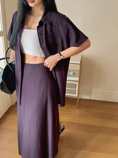 Women's Solid Color Short Sleeve Pocket Shirt And Skirt Casual 2 Pieces Set Summer Lounge Sets For Women