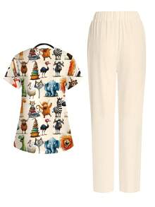 PopScrub Women's Cartoon Animal Print V-Neck Short Sleeve Pocket Scrub Top & Split Hem Pants Uniform Set, Fashion For Spring/Summer - Multicolor - View 2