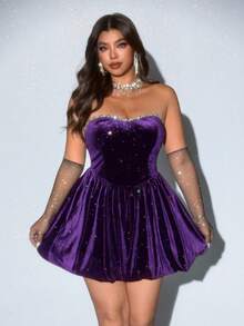 Viva Relle 大码性感无肩带褶皱荷叶边连衣裙 - 紫色 - 查看 4