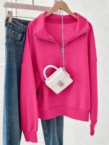 Lalippa 女士宽松拉链卫衣 - 玫紅色 - 查看 4