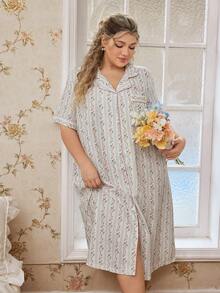 Áo ngủ nữ cỡ lớn CottageSlumber, cổ cài khuy phía trước, in hoa, tay ngắn, thích hợp cho mùa hè. - Màu be - Xem 4