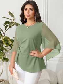Reflora Plus Size Women's Elegant Chiffon Ruffle Sleeve Slim Fit Blouse, Spring/Summer Fall - Green - View 4