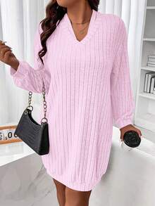 SHEIN LUNE Plus Size Soft Stretch Brushed Ribbed V-Neck Tie Front Long Sleeve Straight Knee-Length T-Shirt Dress, Elegant For Outings, Gatherings, Commuting, And Loungewear - Baby Pink - View 4