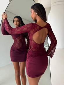 Aloruh Women's Elegant Round Neck Lace Patchwork Top And High Waist Mini Skirt 2 Piece Set,Valentine Outfits For Women,Party Sets For Women - Burgundy - View 8