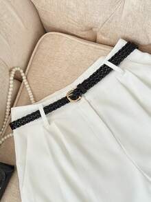 SHEIN Franclia Women's White Shorts With Belt,A-Line Silhouette,Black Contrast Scalloped Edge Trim,Summer,Elegant,Brunch,Black And White Checkered Resort Style - White - View 5