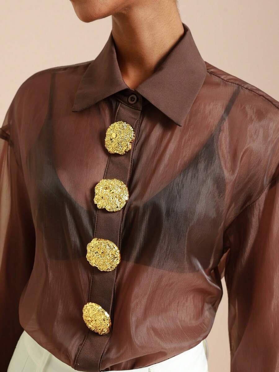 Vesra Bluză transparentă cu nasturi metalici și umeri căzuți pentru femei la modă - cafea maro - Vizualizare 1