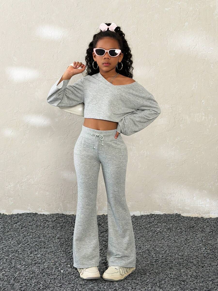 Coolane Kids Tween Girl Summer/Winter/Spring Casual Grey Casual V-Neck Long Sleeve T-Shirt And Pants Set,New Year ,Party, Bell Bottoms Girl 2 Piece Set, Casual Two Piece Set - Grey - View 1