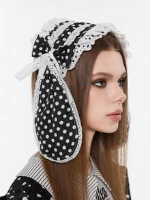 ROMWE 1 chiếc băng đô tai thỏ Lolita dễ thương, phụ kiện tóc nơ ren chấm bi cổ điển, phù hợp cho cả đi chơi hàng ngày và dự tiệc (Tai thỏ có thể tự tạo kiểu theo ý thích). - Đen và trắng - Xem 6