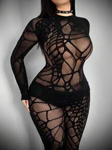 Whyspr 大码女士性感镂空长袖连体裤 - 黑色 - 查看 3