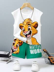 2pcs/Set Kids Boy Cartoon Lion Printed Sleeveless Tank Top+Shorts Outfit,Summer,Matching,Family Vacation White TopGreen Shorts Daily School Wear - White - View 9