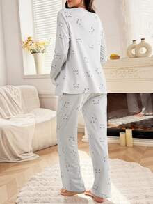 Moonlight&Mama Cat Print Nursing Friendly Long Sleeve Top And Pants Maternity Pajama Set - Multicolor - View 2