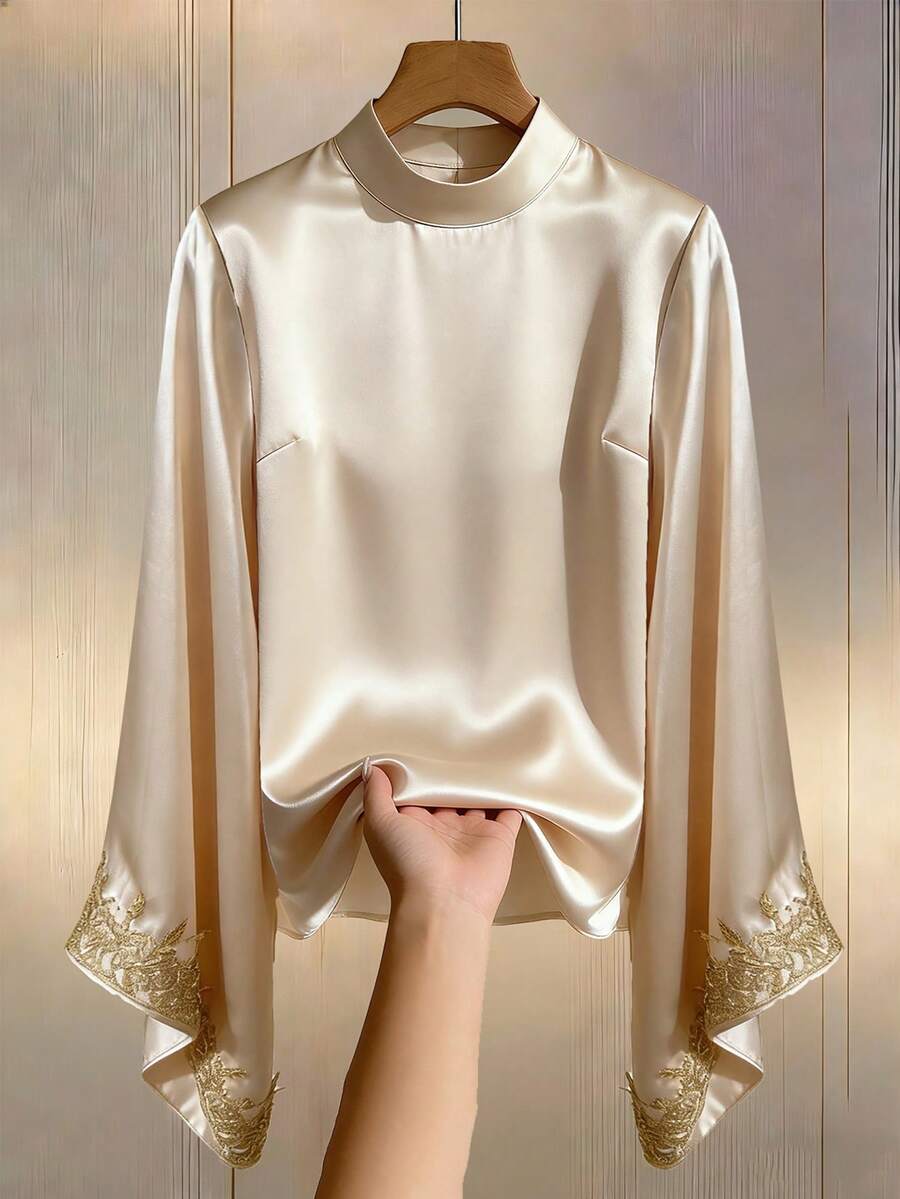 Selianne New Women's Glossy Fabric Stand Collar Flare Sleeve Cuff Gold Floral Trim Casual Commuter Vacation Elegant Blouse - Apricot - View 1