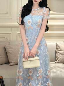 DAZY Women's Floral Pattern Sheer Elegant Dress Vacation