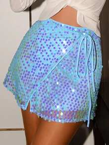 Glamine Y2K Style Y2K Vitamin Colors Vacay Vibes  SummerHoliday Summer Skirts Standout Summer Outfit Spring Newness Soft Orange & Blue Skin Revealing SequinDress PartyMustHave Navy Chicss Marine Style Euro Summer  Beachweekend Rave Skirt Sequin Skirt Iridescent Skirt Wrap Skirt Mini Skirt Jellyfish Skirt Swim Suit Skirt Cover Up Skirts For Swimsuits - Blue - View 6