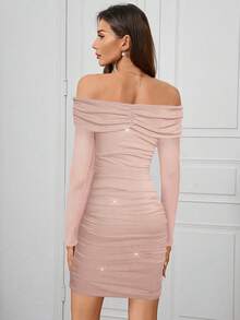 SHEIN Clasi Women's Elegant Sexy Off Shoulder Ruched Curve Glittery Party Dress