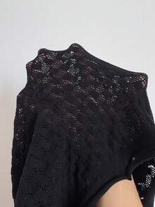 NU&NOW 大码女士性感镂空网纱拼接露背立领连体衣 - 黑色 - 查看 7