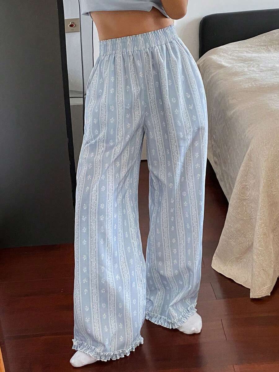 DAZY 花卉印花宽松女士睡裤 - 淺藍色 - 查看 1