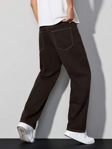 Manfinity Homme Loose Fit Men's Slant Pocket Straight Leg Jeans Straight Leg Pants Men - Brown - View 2