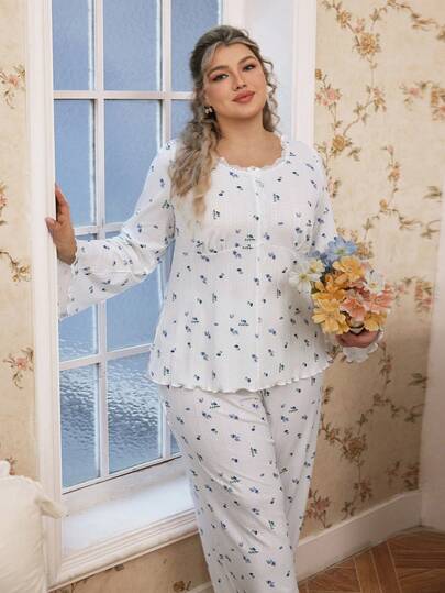 CottageSlumber Plus Size Women Romantic Floral Lace Patchwork Knitted Jacquard Sleepwear Set