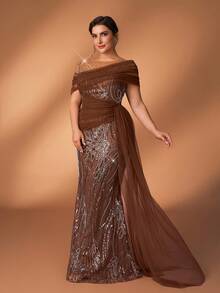 Serin 大码优雅奢华咖啡色亮片刺绣网纱拼接单肩不规则褶皱鱼尾连衣裙，适合晚宴、婚礼、盛会、度假等场合。 - 咖啡棕 - 查看 6