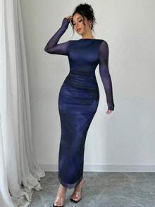 Firerie 女士优雅长袖扎染印花褶皱连衣裙，扎染印花长袖修身优雅连衣裙，不对称领长袖优雅约会连衣裙，网纱弹力面料 - 藏蓝色 - 查看 4