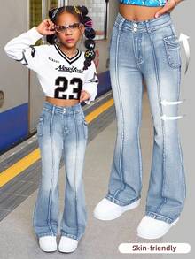 SHEIN Girls' Blue Denim Stretch Flare Pants - Light Wash - View 1