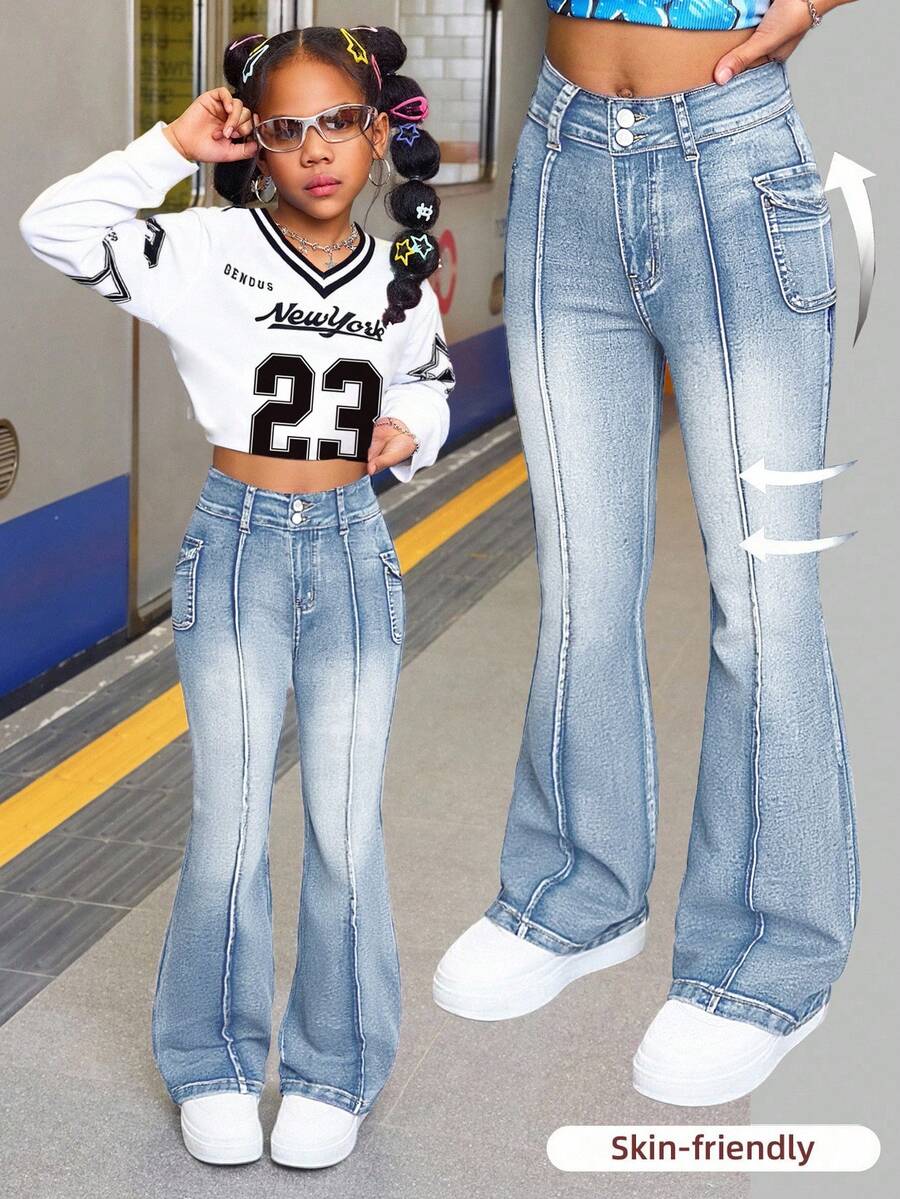 SHEIN Girls' Blue Denim Stretch Flare Pants - Light Wash - View 1