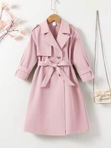 SHEIN 年轻女孩编织双排扣翻领宽松长款法式风衣、派克大衣、风衣、休闲军事风格、适合通勤和户外穿着、适合通勤和户外穿着、春夏秋冬、女童 Y2k 服装、女童金属夹克、女童 Y2k 服装、Y2k 夹克、银色夹克、儿童坏人服装、年轻女孩服装、适合万圣节、返校季、妈妈、姐姐和我的搭配。