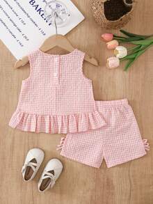 SHEIN Vintaside Kids 两件套女婴可爱休闲格子吊带背心和短裤套装，适合户外活动 - 淺粉色 - 查看 2
