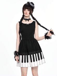 ROMWE Kawaii 哥特娃娃褶边钢琴印花女士迷你连衣裙 - 黑色 - 查看 6