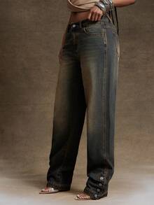 Denimoi Quần jean denim ống đứng xẻ tà, có khuy cài - Rửa trung bình - Xem 4