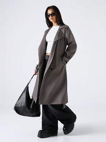 SHEIN EZwear 女士翻领双排扣长袖防皱时尚风衣，秋冬款 - 灰色 - 查看 5