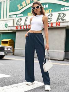SHEIN Unity Women's Solid Color Minimalist Casual Wide Leg Pants - Navy Blue - View 4