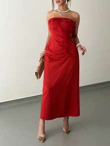 Rafferiza 女士长款无肩带连衣裙，正面饰有荷叶边，侧边有褶裥，适合日常通勤、优雅派对、情人节、情侣约会、新年假期等场合。 - 紅色 - 查看 4