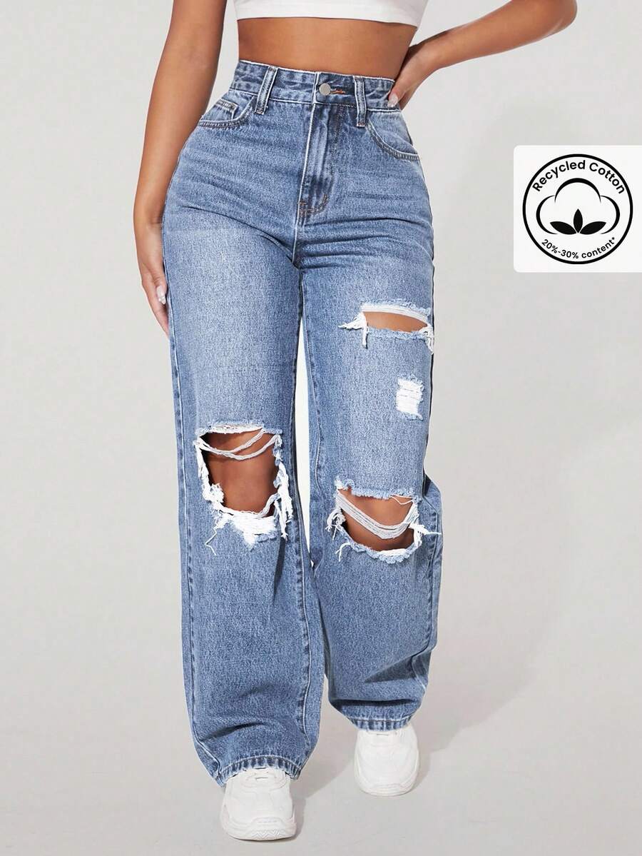 SHEIN PETITE Jeans rectos de cintura alta con lavado desgastado y efecto desgastado - Azul - Ver 1