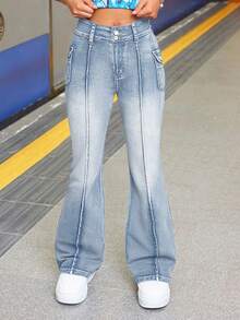 SHEIN Girls' Blue Denim Stretch Flare Pants - Light Wash - View 6