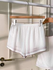 Muvela 2026春夏新款白色可调节松紧腰小熊印花荷叶边撞色可爱休闲短裤，时尚优雅，适合狂欢节派对，复古英伦风 - 白色 - 查看 8