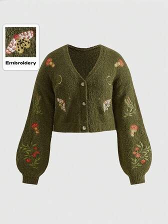 Fairycore Cárdigan de punto casual de manga larga con hombros caídos y bordado de setas para mujer de talla grande, otoño/invierno