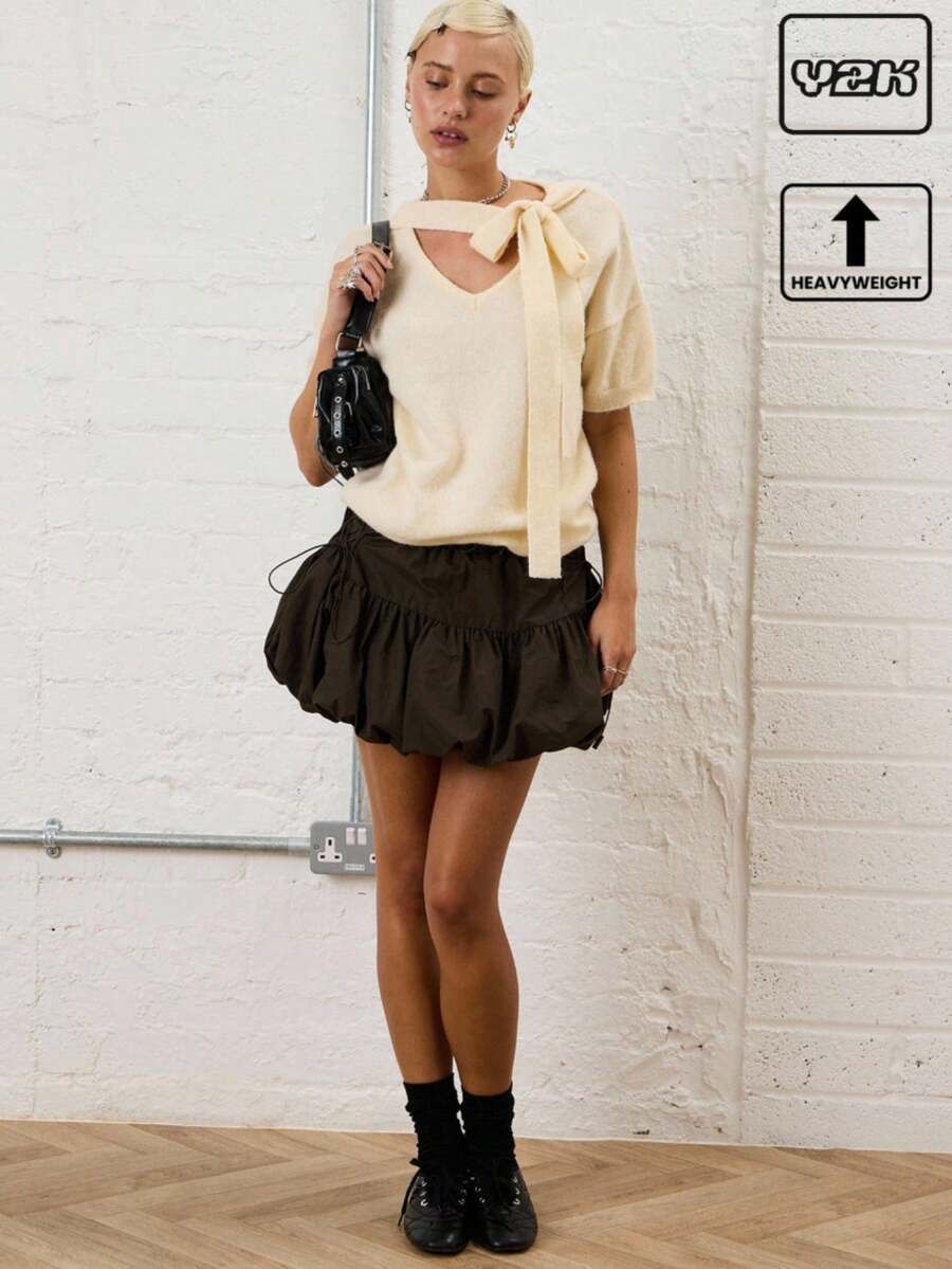 COUREZ V领短袖针织上衣配围巾/Y2K秋季女装 秋季服装 可爱上衣 外出上衣 冬季服装 时尚上衣 - 米色 - 查看 1