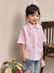 女童休闲舒适条纹领开襟宽松短袖镂空后背梭织衬衫