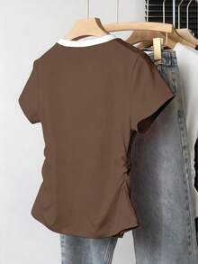 Camiseta ajustada de mujer con estampado de letras, silueta estilizante, estilo casual/al aire libre, nueva llegada de verano, color rojo - Marrón - Ver 2