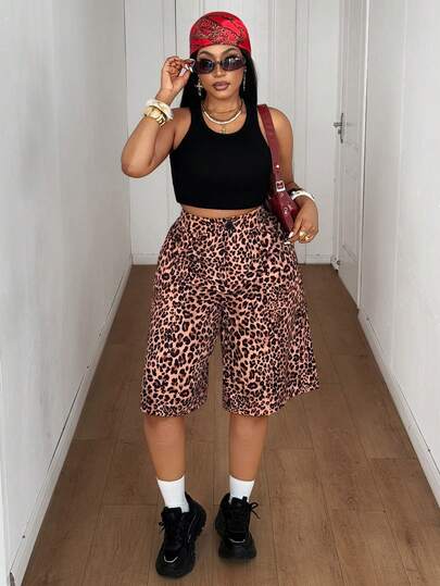 Maweii Plus Size Women's Fashionable Leopard Print Casual Shorts, Versatile Urban , Suitable For Casual, Daily, Social, Outing, Commute, Office, Date, Sexy Bermuda Shorts