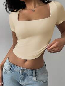 SHEIN BASICS Solid Color Knit Convertible Collar Fitted Cropped Women Top/Summer - Apricot - View 3