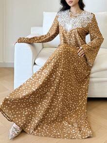 Yasmyna Conservative Casual Geometric Print 3D Floral Women's Turkish Maxi Dress, Arabic Traditional Abaya Kaftan Jalabiya Dress Najma Dress Dress Modest - Multicolor - View 6