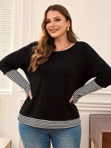 Rosumi 大码女式纯色条纹拼布圆领宽松休闲长袖 T 恤，秋季女装 - 黑色 - 查看 6